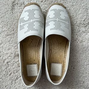 Tory Burch White Leather Perforated Logo Flat Espadrilles
